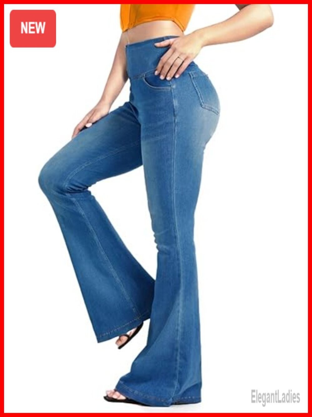 Knit Stretchy Flare Jeans with Pockets High Waisted Pull On Bell Bottom Yoga